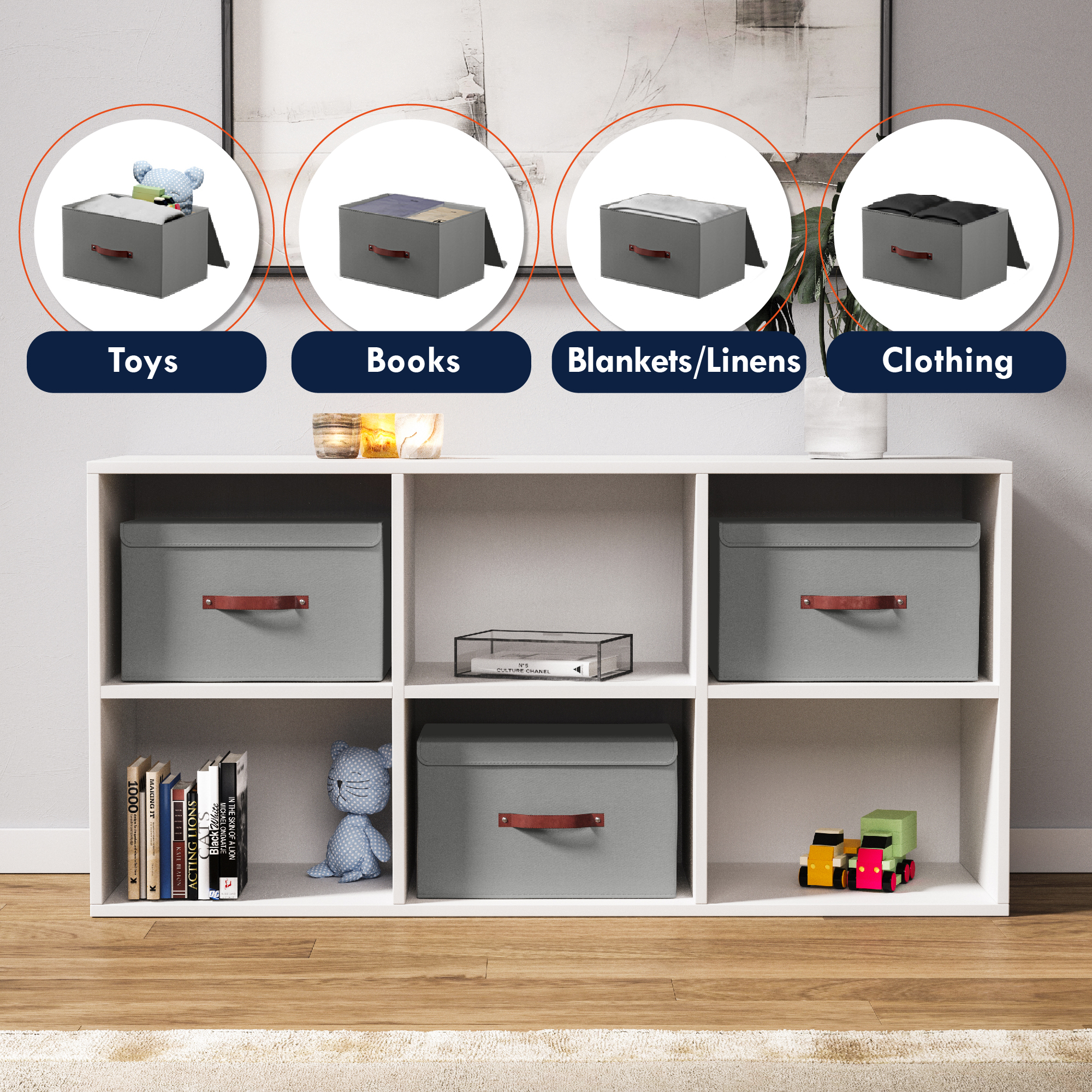 Ornavo Home Foldable Collapsible Large Storage Box Bins Linen Fabric Shelf Basket Cube Organizer with Leather Handles and Lid - Set of 6 - 15 x 10 x 9