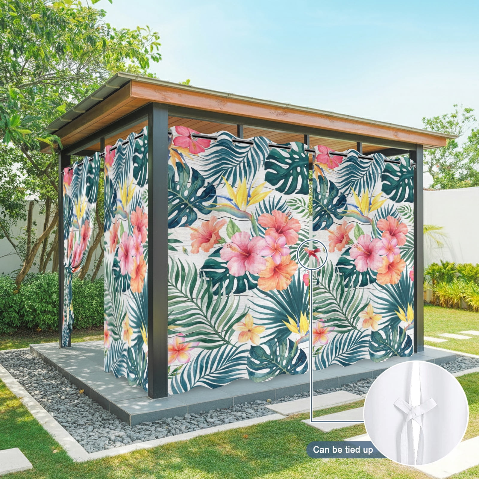 Pink Hibiscus Flower Outdoor Curtains for Patio, Palm Leaf Summer Coastal Tropical Botanical Sunshade Privacy Drapes Grommet Waterproof Outside Curtains for Porch/Cabana/Balcony 54"x 108", 1 Panel