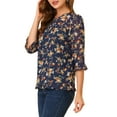 thumbnail image 5 of MODA NOVA Juniors Floral Round Neck Ruffled 3/4 Sleeves Flowy Chiffon Blouse, 5 of 7