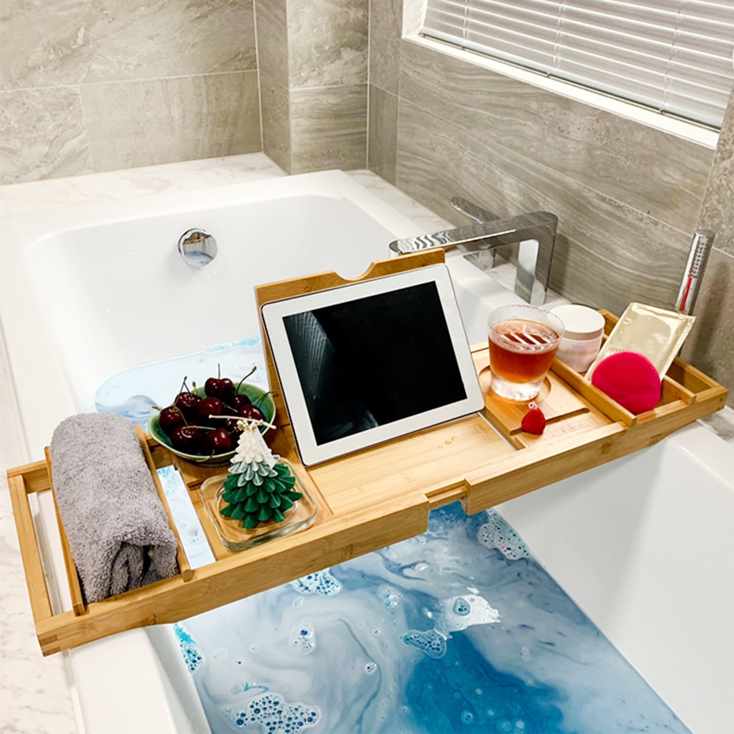 Anself Tub Tray Expandable Bamboo Bathtub Caddy Trayfor for Luxury Bath