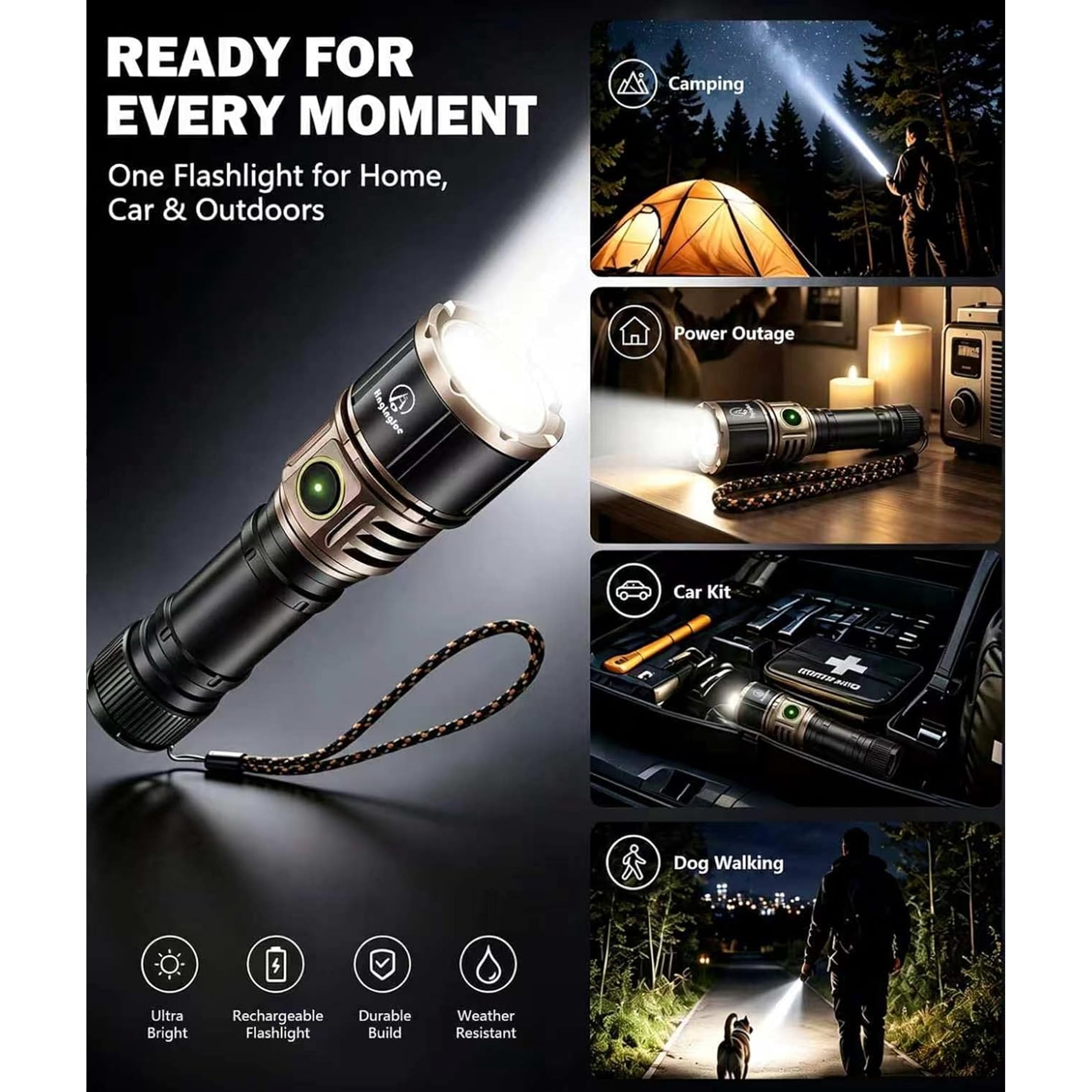 Flashlight Rechargeable, 5000 Lumens Tactical Flashlight with Ignition Lens, 5 Modes IP65 Water Resistant Flashlights for Home, Camping, Power Outages