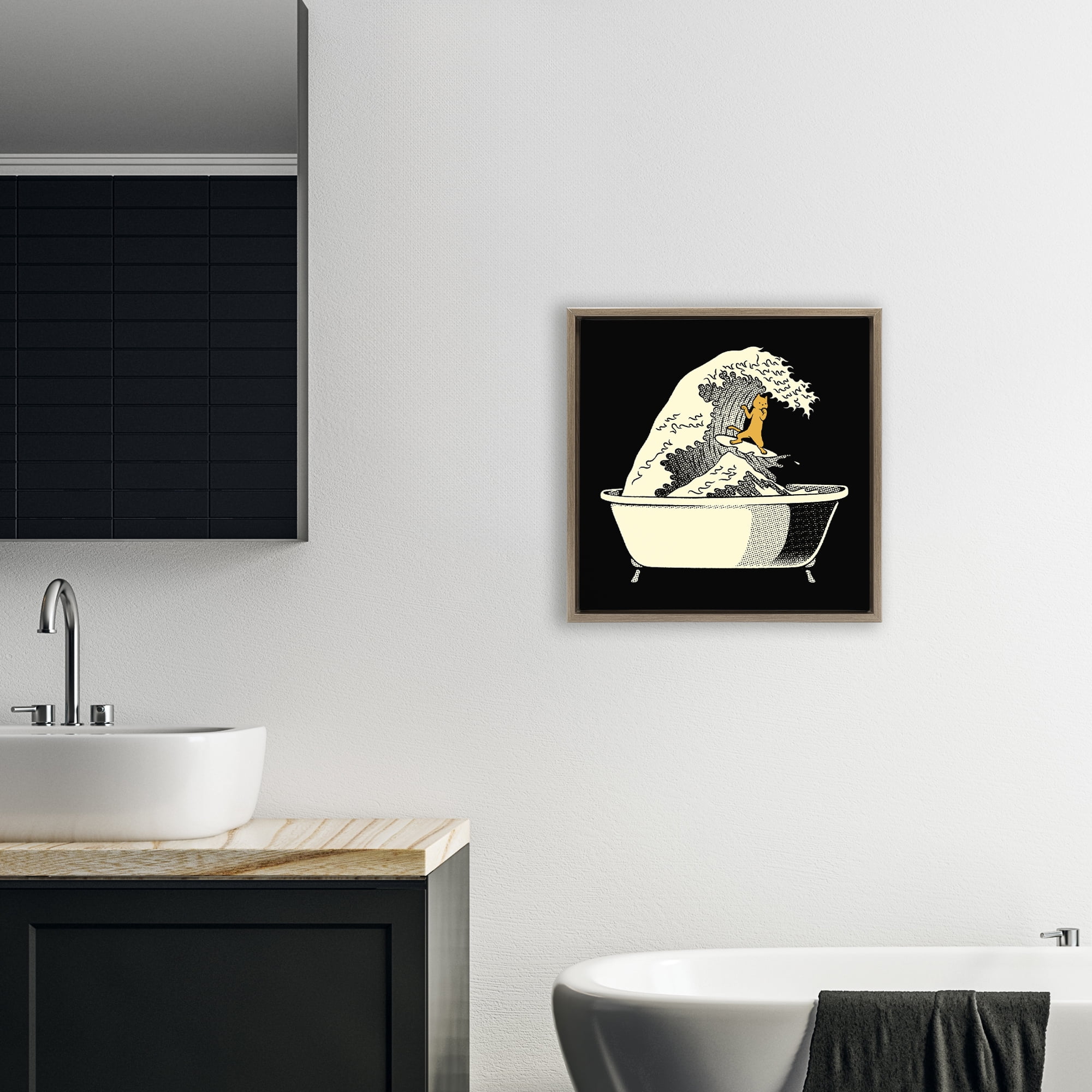 Stupell Industries Kanagawa Bathtub Cat Brown Framed Floater Canvas Wall Art, design by Tobe Fonseca