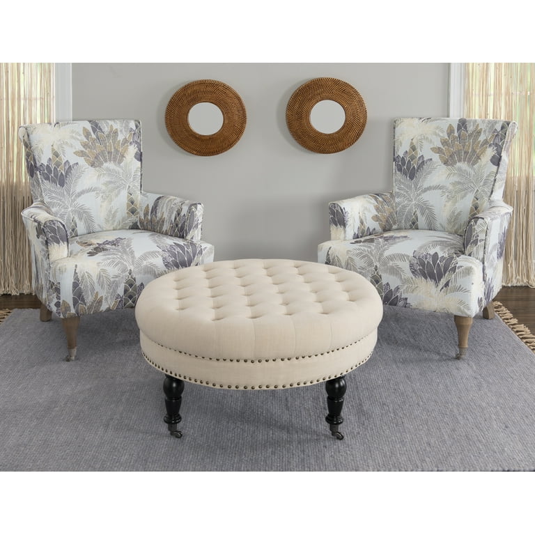 Linon Isabelle Linen Round Tufted Ottoman Multiple Colors
