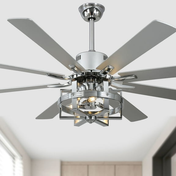 Cusp Barn 65 Inch Black/Silver Finish Industrial Caged Ceiling Fan with Remote and Lights, DC Motor 6-speed Reversible Ceiling Fan