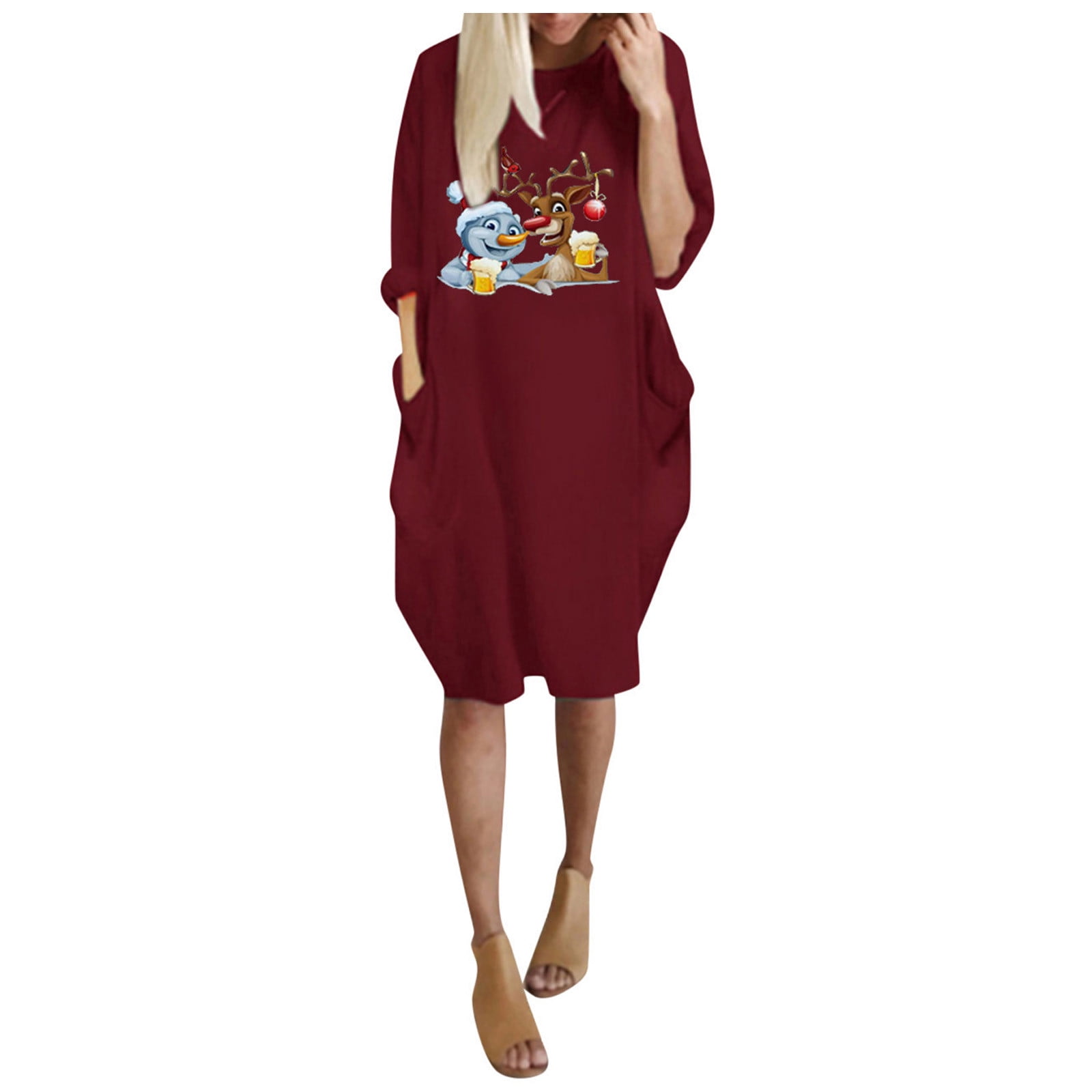 2022 Christmas Party Fashions Yannianjz Christmas Long Sleeve Dresses for Women, Ugly 2022 Swing T