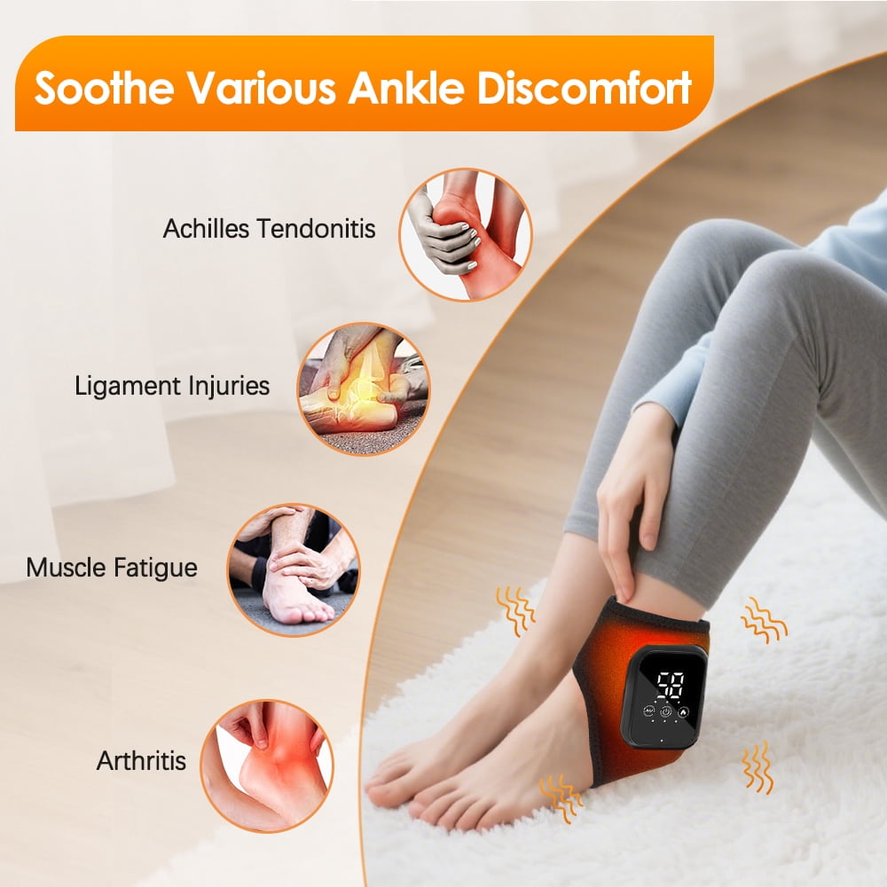 Ankle Heating Pad with Massage, 2Pcs Cordless Heated Ankle Brace Wrap, 3 Heat & Vibration Settings, USB Rechargeable Ankle Massager for Pain Relief, Black