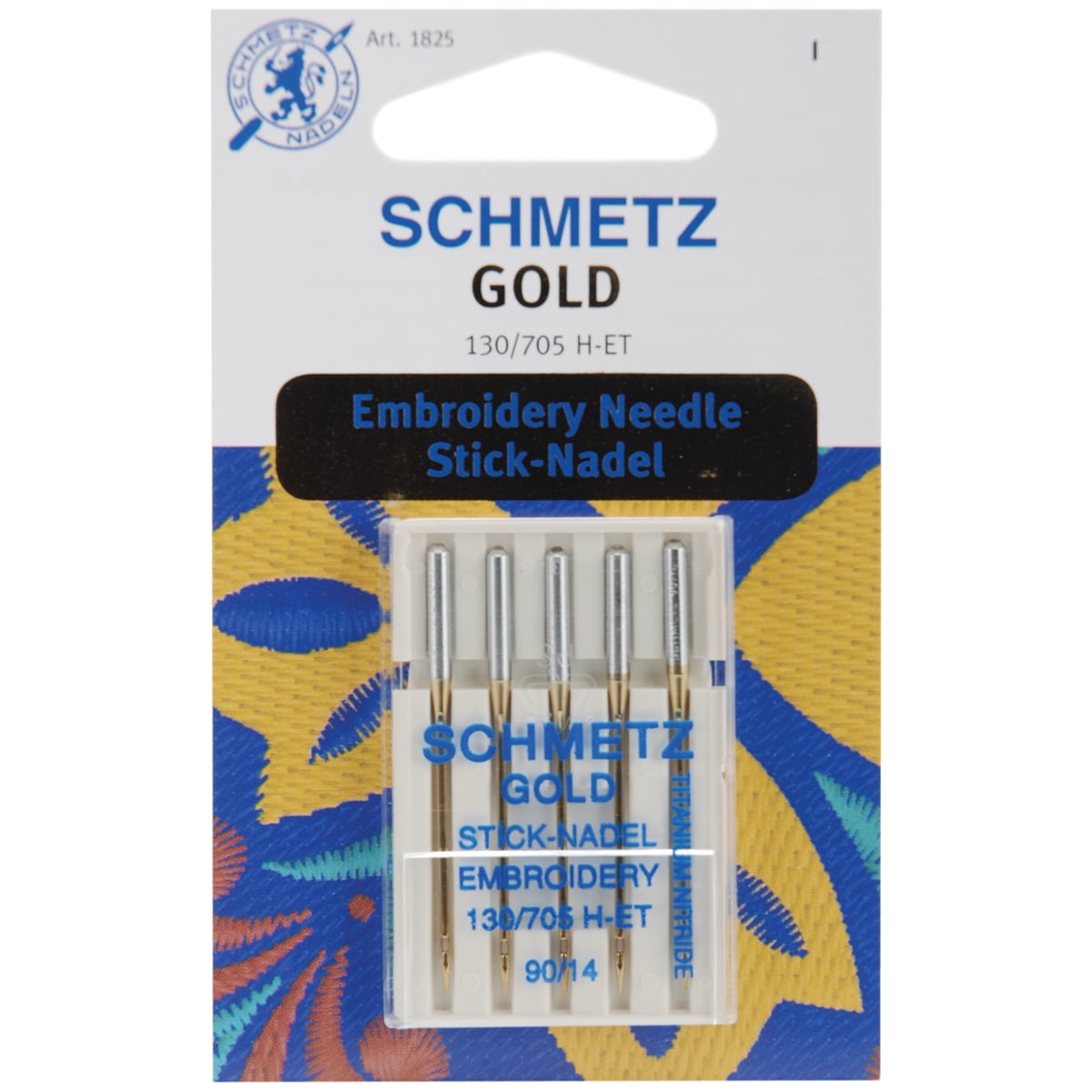 Schmetz 'GOLD EMBROIDERY" 90/14 sewing machine needles pkt of 5