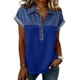thumbnail image 3 of Womens Buttons Decor Patchwork Western Shirts Denim Splicing Summer Tops Collared V Neck Dressy T-Shirt Blue M, 3 of 6