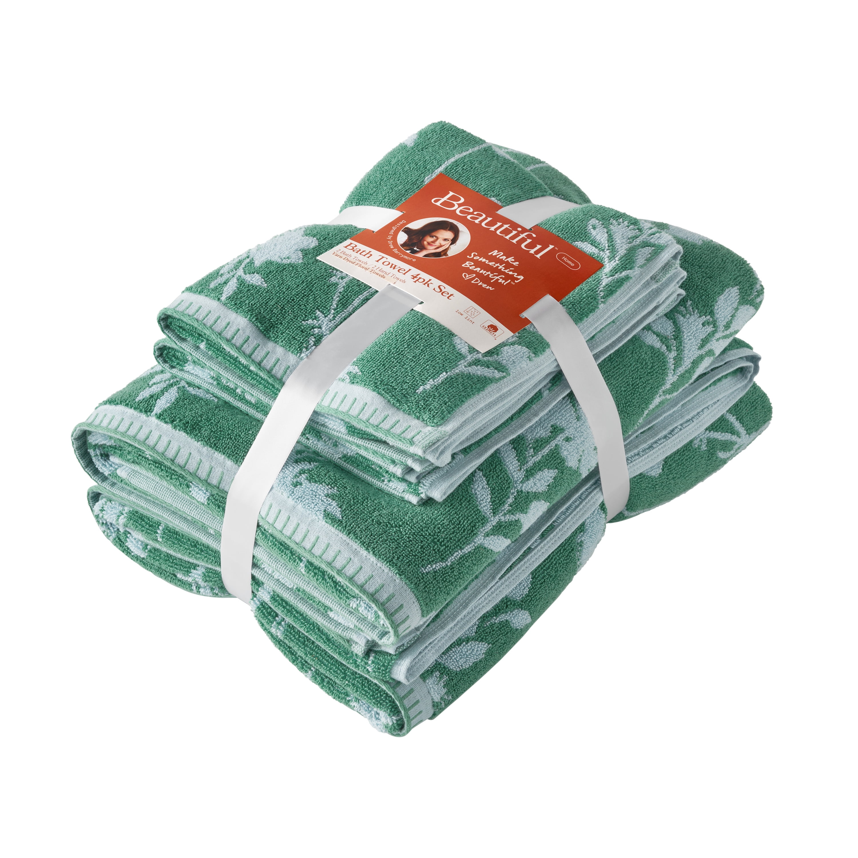Beautiful by Drew Barrymore 4-Piece Floral Bath Towel Set, 100% Cotton, Pine Green
