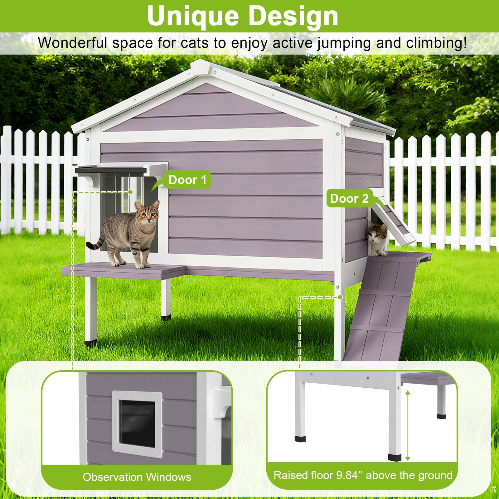 HomeSheek 32.6" Outdoor Cat House with Insulated Liner, Ramp & Side Door, Weatherproof Shelter, Easy Assembly & Cleaning for Indoor Outdoor Pets