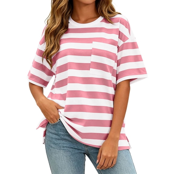 Jamsmile Women T-Shirts Striped Print Loose Fit Short Sleeve Summer Tee Shirts Tops Casual Oversize Basic Baggy Loose Tops