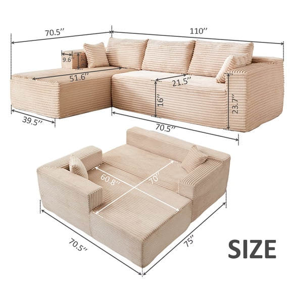 Convertible Modular Sectional Sofa Bed with Storage – 110 Wide U-Shaped Corduroy Sleeper Couch with Chaise for Living Room or Guest Room, Beige