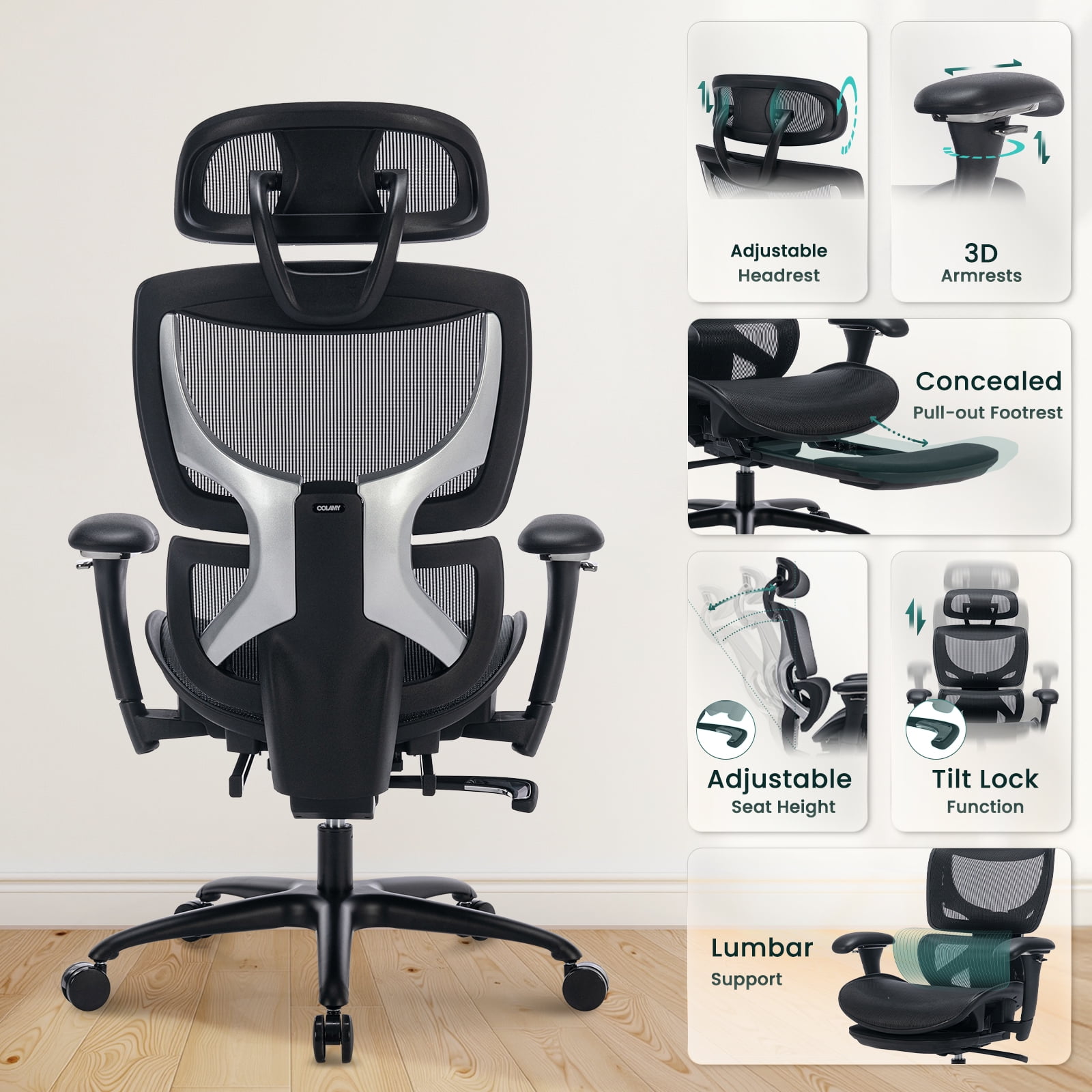 AFO Ergonomic Mesh Office Chair with Footrest – High-Back Executive Desk Chair with Adjustable Headrest, 3D Armrests, Lumbar Support & Tilt Lock – Black