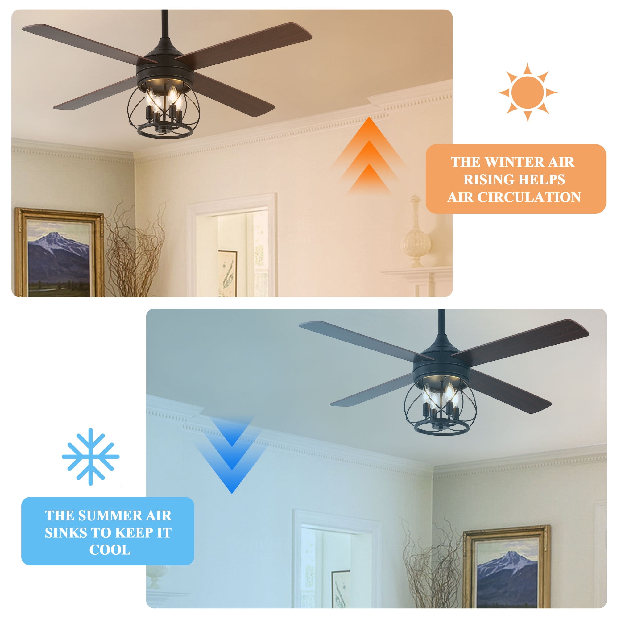 52" Farmhouse Ceiling Fan 4-Light Wood Lighting Reversible Blades with Light and Remote Control 6 Speed