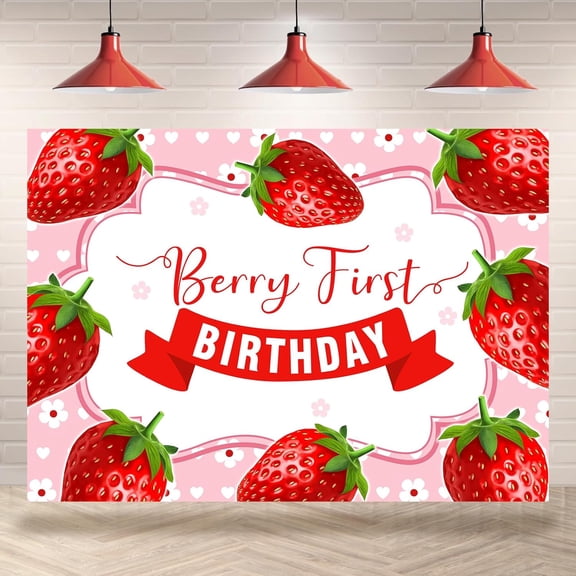 7x5FT Berry First Birthday Backdrop Strawberry Daisy Girls 1st Birthday Party Decorations Cake Table Banner Supplies Strawberry Theme Bday Photography Background Photo Booth Props