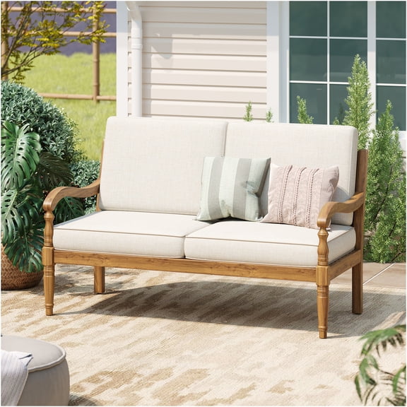 JERFIT Outdoor Loveseat Bench, Acacia Wood 2-Seater Patio Sofa with Waterproof Cushions, Natural Wood Finish for Garden, Porch, Deck