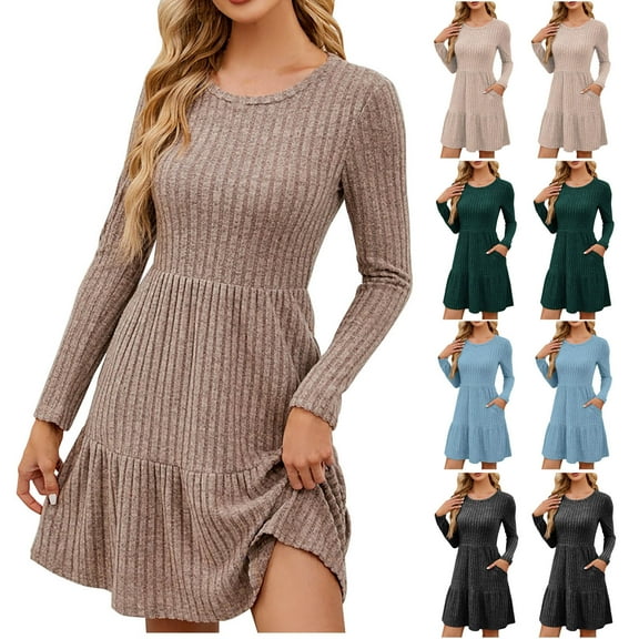 Kmdttou Women's Summer Fashion Solid Color Round Neck Long Sleeve Round Neck Dress Long Skirt,Fashionable Casual Dresses for Women 2025