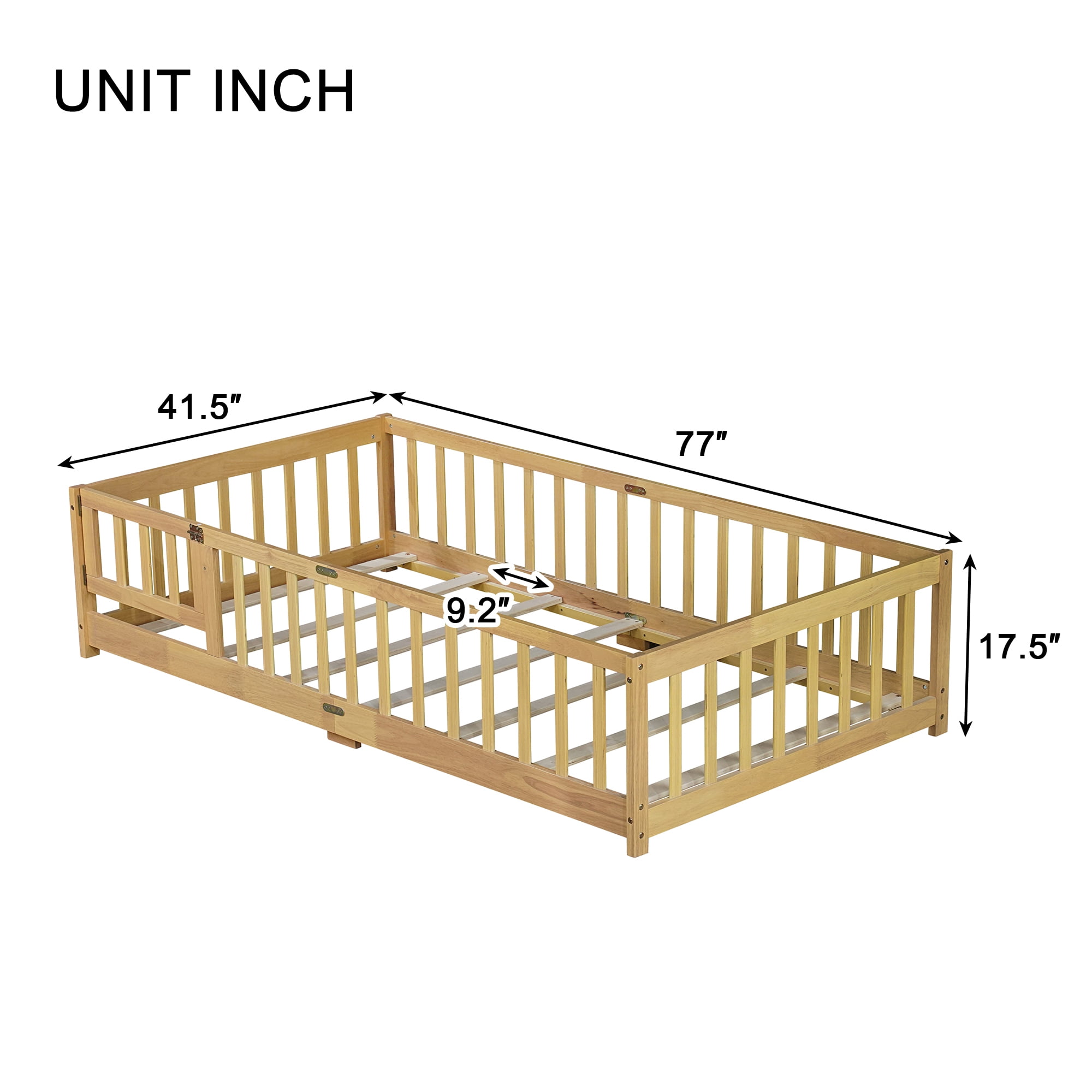 Alvantor Twin Size Floor Bed for Toddler, Solid Wood Floor Bed with Door and Fence Guardrail, Montessori Floor Bed for Boys, Girls,Natural
