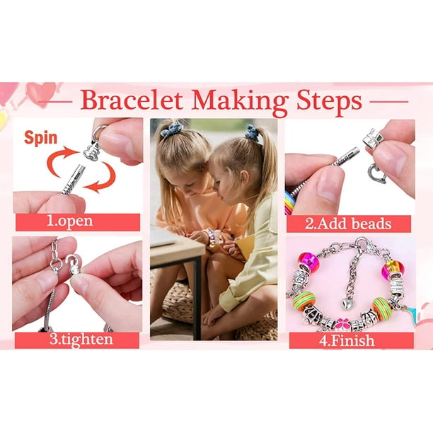 64 pièces Kit de fabrication de bijoux de Noël Bracelet à breloques  colliers présent ensemble de perles en alliage Pandora Bracelet enfant  bricolage (rose) 