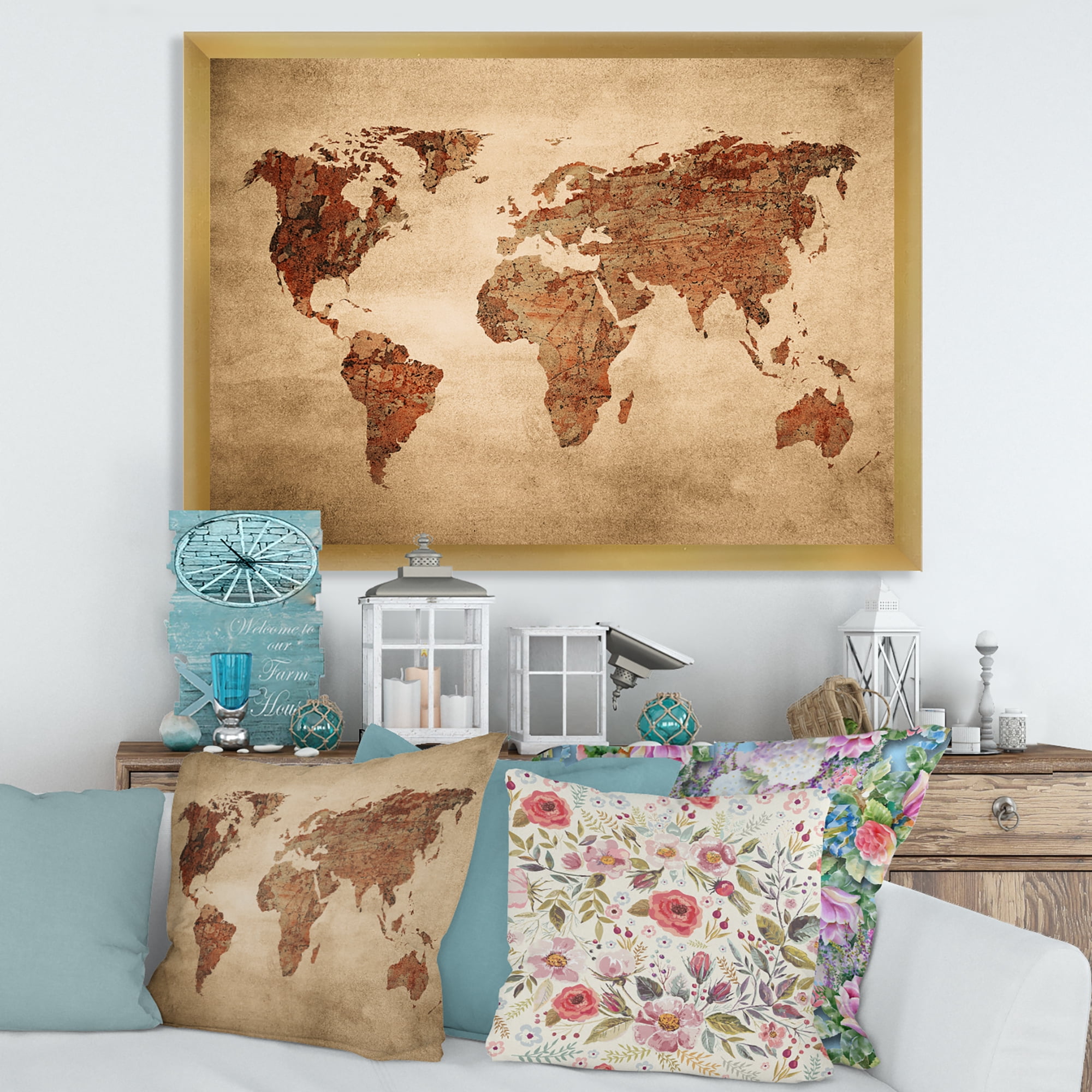 Designart 'Ancient World Map VII' Vintage Framed Art Print