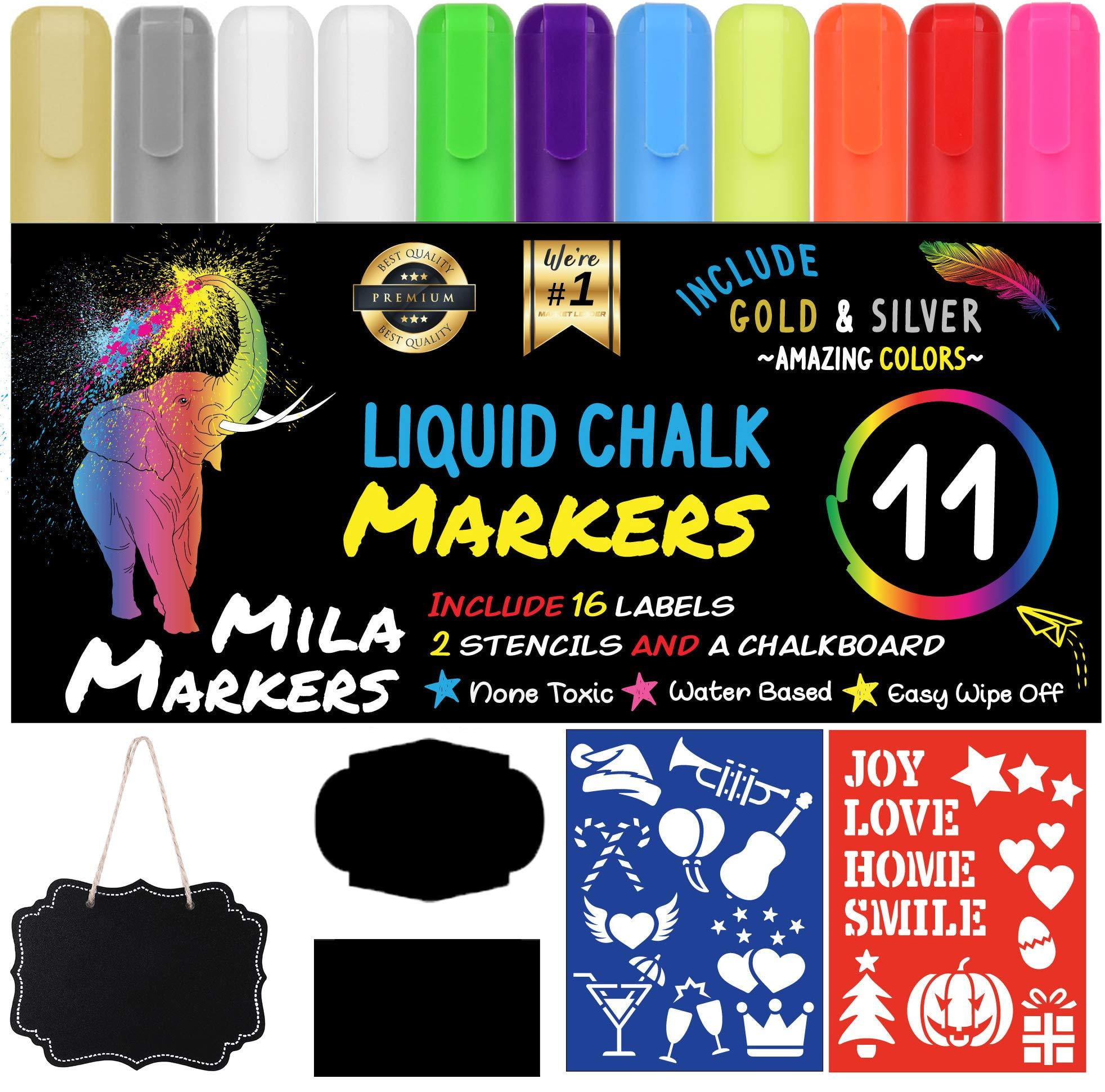 Mila Markers- Chalk Markers, Pack of 11, Chalkboard, Christmas Drawing Stencils & 16 Labels