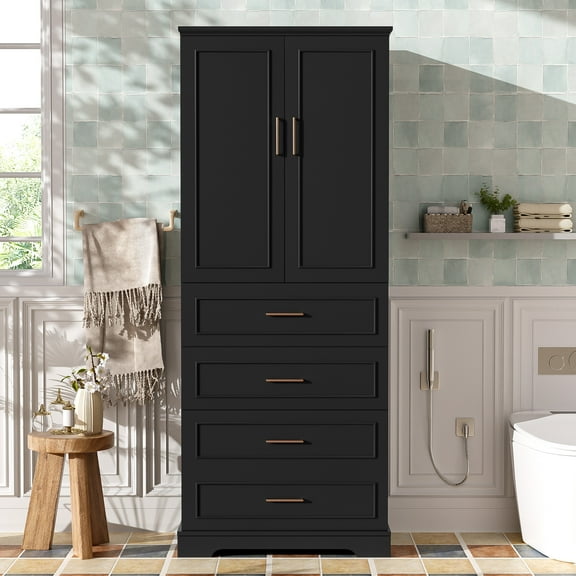 Modern Tall Bathroom Cabinet with Partitioned, Standard and Deep Drawers, Adjustable Shelf, 72.2" Black Finish