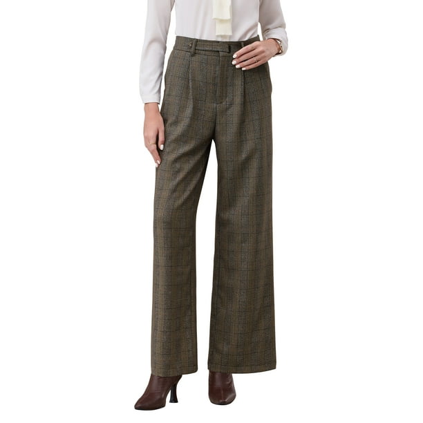 Pantalón de trabajo de cuadros para mujer INSPIRE CHIC, de pata ancha, recto y largo, en marrón, con diseño de espiga vintage