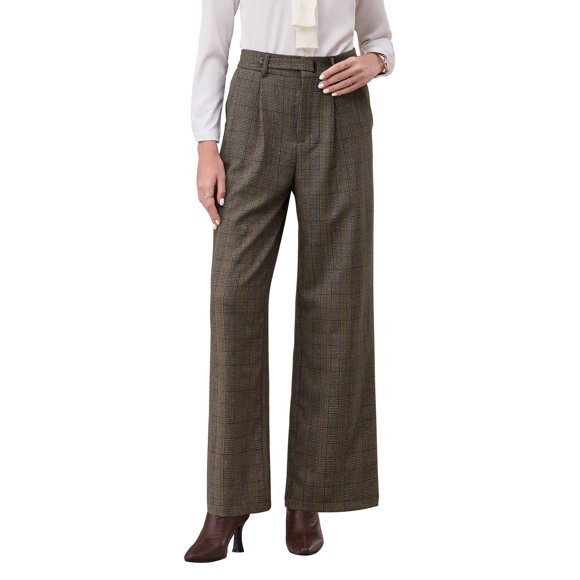 Pantalón de trabajo de cuadros para mujer INSPIRE CHIC, de pata ancha, recto y largo, en marrón, con diseño de espiga vintage