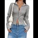 thumbnail image 2 of Camisa Corta A Rayas con Botones y Larga Ajustada para Mujer, Blusa de Trabajo Gris XL, 2 of 10
