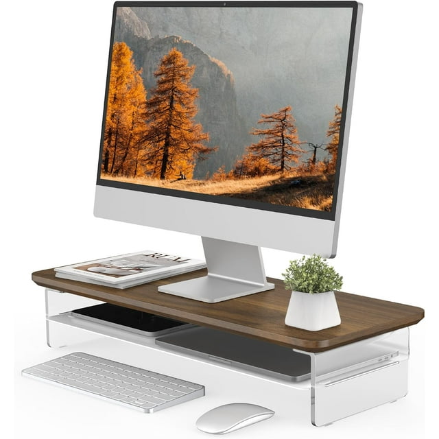 Monitor Stand Acrylic Dual Monitor Riser Acrylic Monitor stand with Storage Organizer for Computer Laptop Printer TV Oak