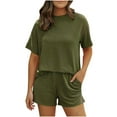 thumbnail image 2 of Viluyesy Tops Elastic Waist Short Pants 2PC Women Round Neck T-Shirt and Shorts Set Tight Stripe Shirt and Shorts Sets Two PC Army Green Size S, 2 of 2
