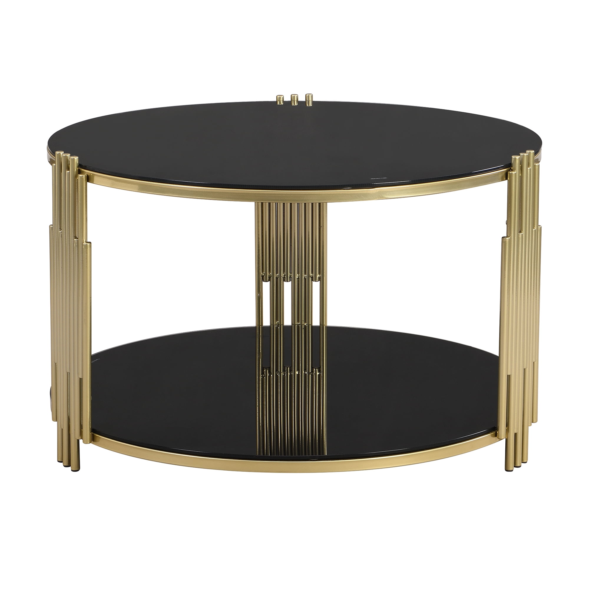 Aukfa Modern Round Tempered Glass Coffee Table, 2-Tier Center Table with Golden Metal Frame for Living Room, Black