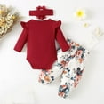 thumbnail image 7 of Coming Home Outfit Girl Newborn Fall 3 Piece Knit Cute Clothes Set Flutter Long Sleeve Romper Floral Trousers Headband, Red, 9 Months, 7 of 7