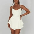 thumbnail image 2 of Lovskoo 2024 Women's Satin Backless Mini Romper Dress with Shorts Spaghetti Strap Playsuits Tie Back Summer Ruffle Layer Jumpsuits Dress White, 2 of 9