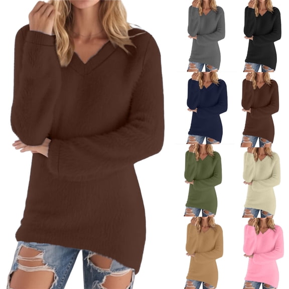 Gswybco Long Thermal Sweaters For Women For Leggings Dressy Solid Color V-Neck Long Sleeve Fall Tunic Blouse Winter Shirt Warm Pullovers Sweater