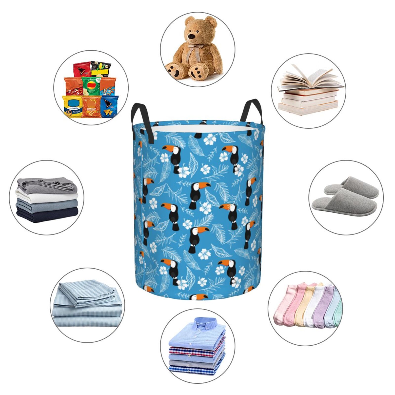 Large Laundry Basket with Handles - Cartoon Cute Toucan Leaves Blue Kids Baby Dirty Clothes Laundry Hamper for Bedroom Aesthetic