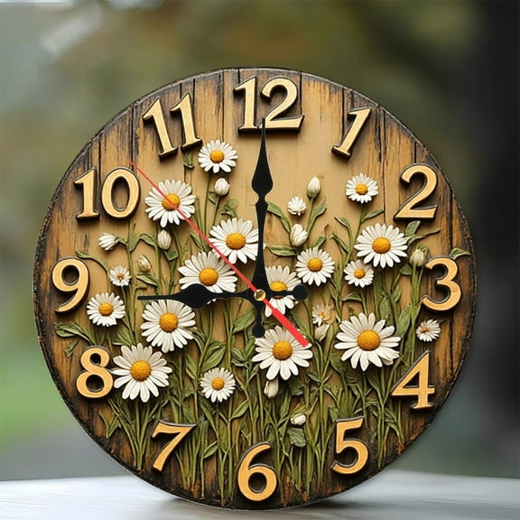 Wooden Daisy Floral Wall Clock Home Decor 10-Inch Silent Wooden Wall Clock, Battery Operated (AA Batteries Not Included), Artistic Home Decor