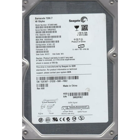 ST340014AS, 5MQ, WU, PN 9W2015-633, FW 8.12, Seagate 40GB SATA 3.5 Hard Drive