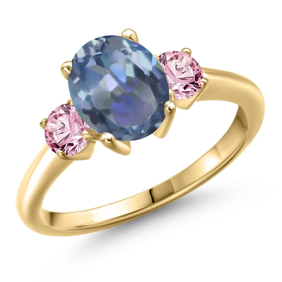 Gem Stone King 10K Yellow Gold Cassiopeia Mystic Topaz and Pink Lab Grown Diamond Engagement Ring for Women | 2.50 Cttw | Oval 9X7MM | Gemstone November Birthstone | Size 9