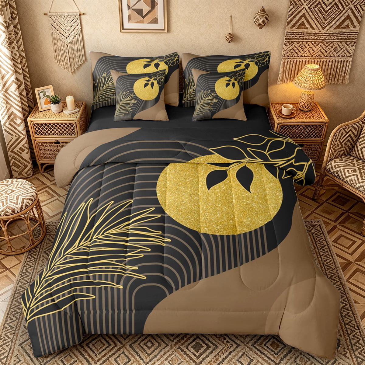 Castle Fairy Abstract Gold Moon Bedding Comforter Set 7 Pieces for Adults Modern Palm Leaf Full Bedding Set for Modern Room Black and Gold Black Reversible