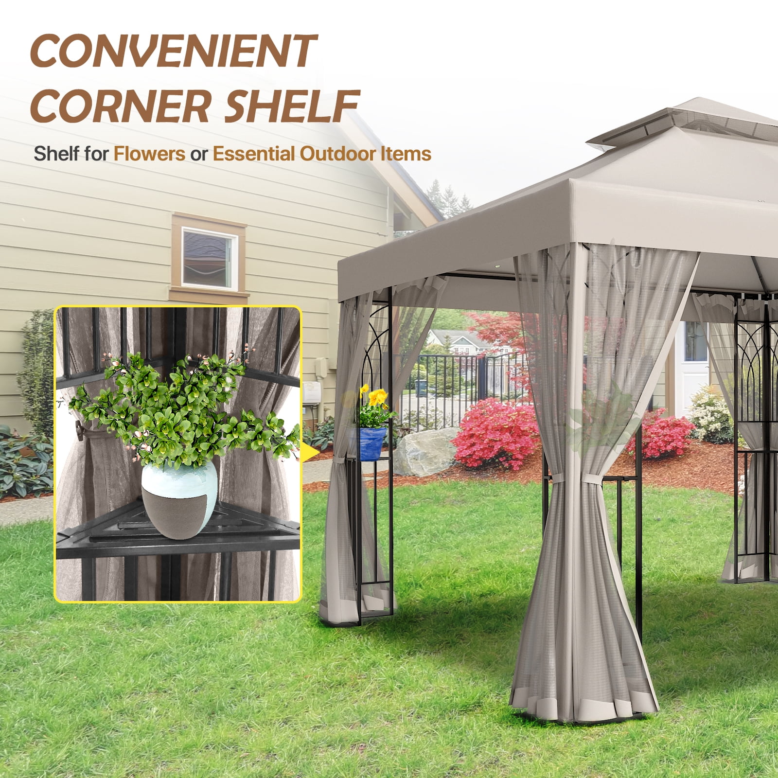 COOS BAY 10x10 Outdoor Patio Gazebo with Mosquito Netting and Corner Shelves, Two-Tier Soft Top Canopy for Backyard, Lawn, Deck and Garden, Beige