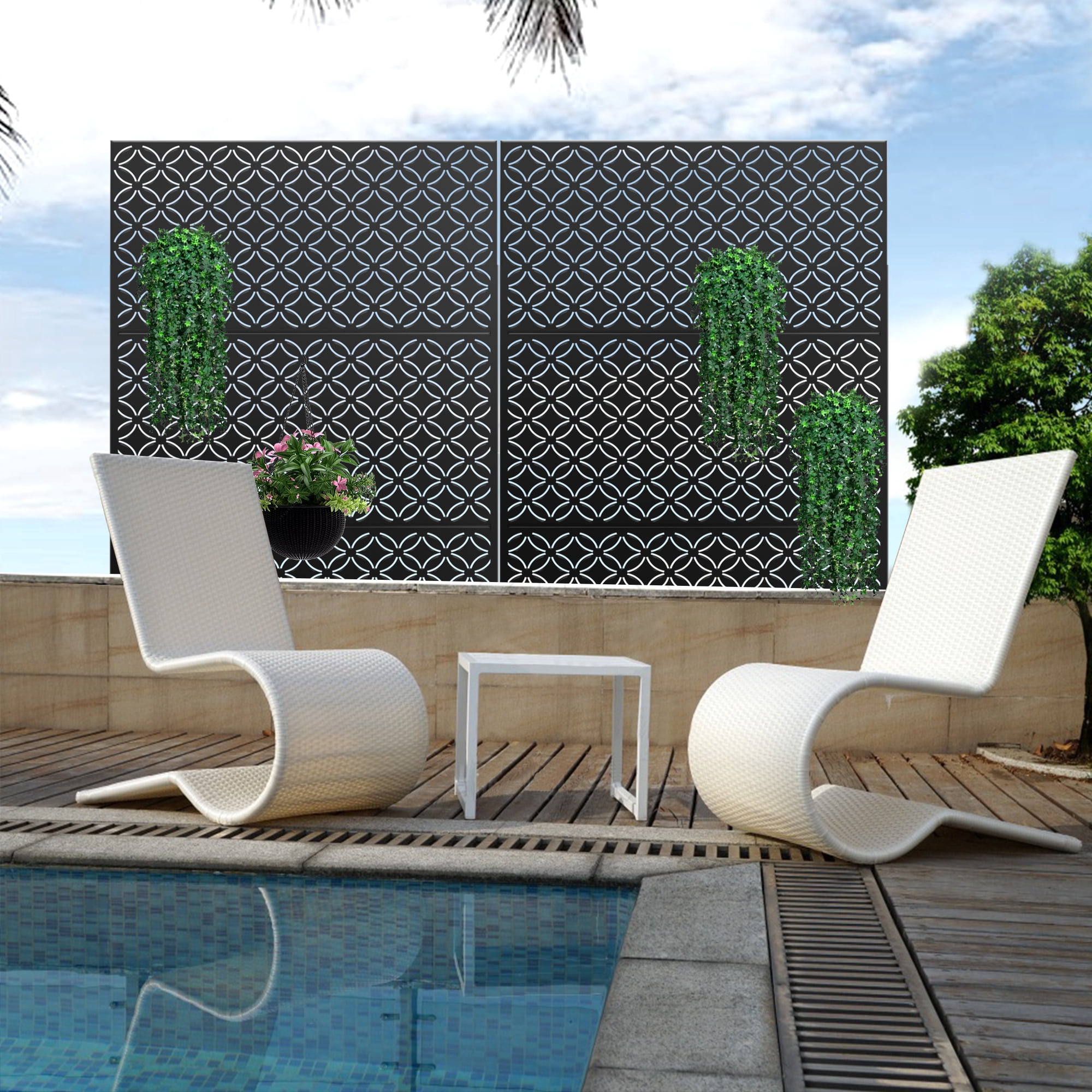MAYEERTY 72×47" Outdoor Black Metal Privacy Panel Screen for Backyard & Garden, Coin Pattern