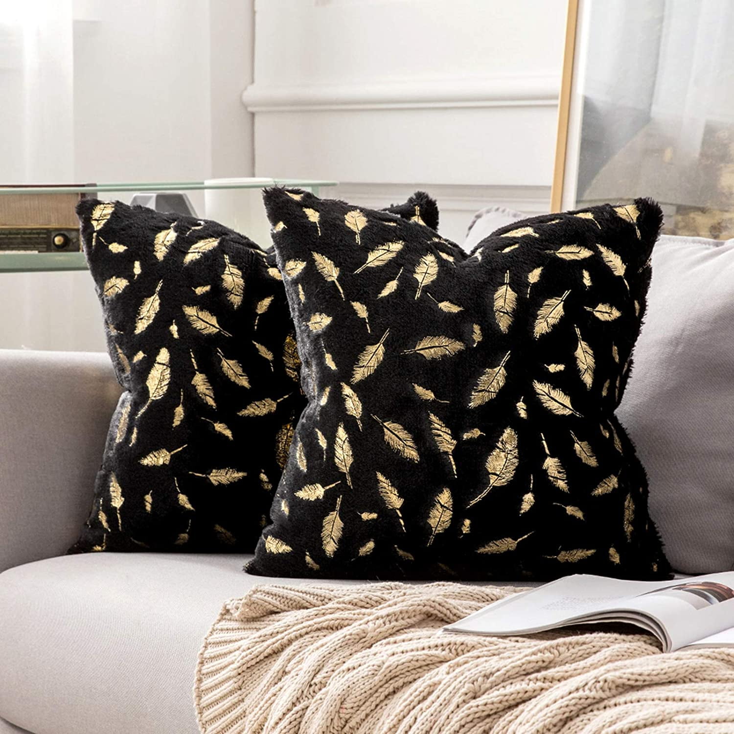Pack of 2 Decorative Throw Pillow Covers Plush Faux Fur with Gold