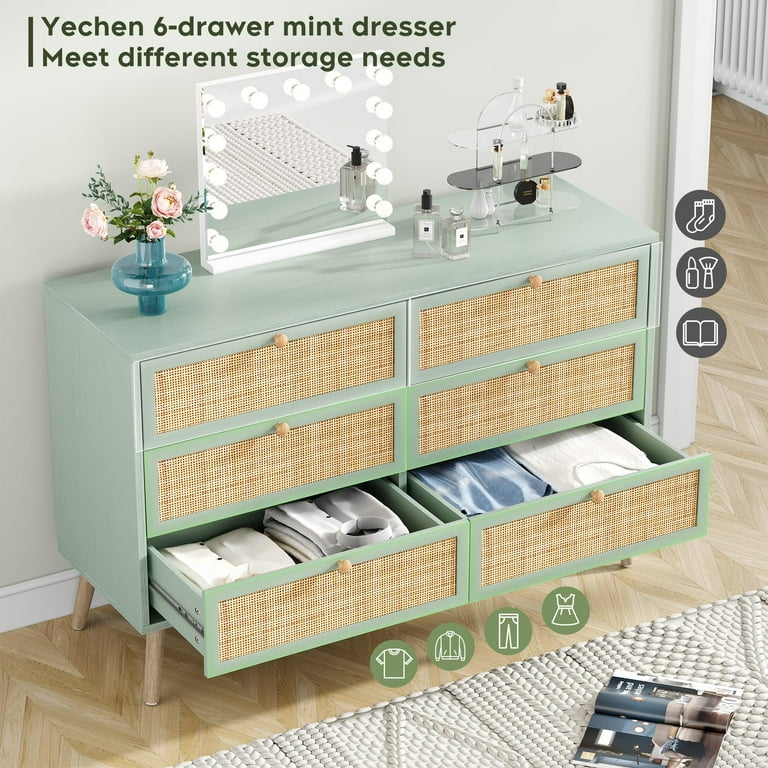 Brafabhome Rattan 6 Drawers Dresser for Bedroom, Vintage Boho Double Dresser Wicker Chest with Wooden Legs for Living Room Hallway| Mint Brafabhome Rattan 6 Drawers Dresser for Bedroom, Vintage Boho Double Dresser Wicker Chest with Wooden Legs for Living Room Hallway| Mint