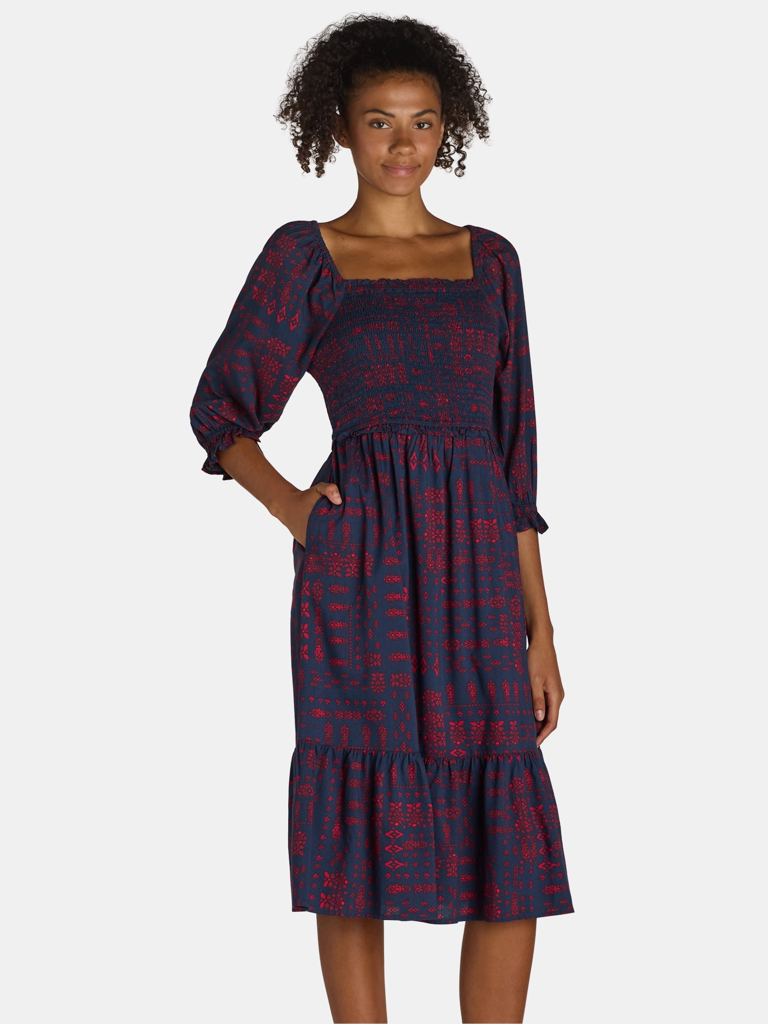 The Pioneer Woman Smocked Bodice Midi Dress, Women’s and Women’s Plus, Sizes XS-3X