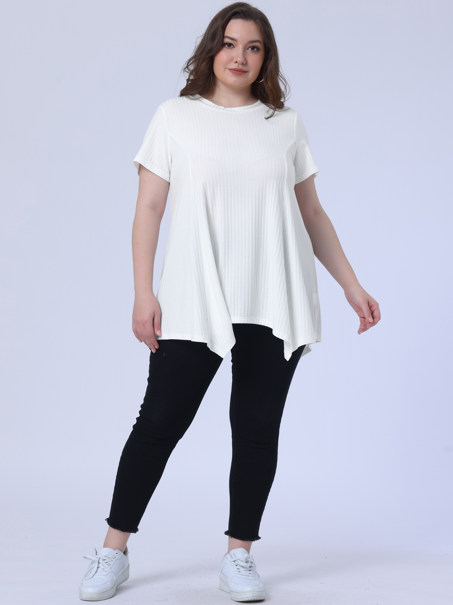 DARING DIVA Women's Plus Crew Neck Flowy Swing Loose Tunic Tops 1X Pale White