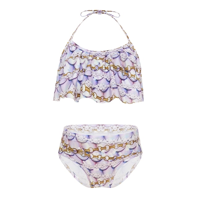 TiaoBug Girls 2 Pcs Mermaid Bikini Sets Shiny Halter Ruffles Crop Top with Triangle Brief Bathing Suit Tankini Light Purple A 110