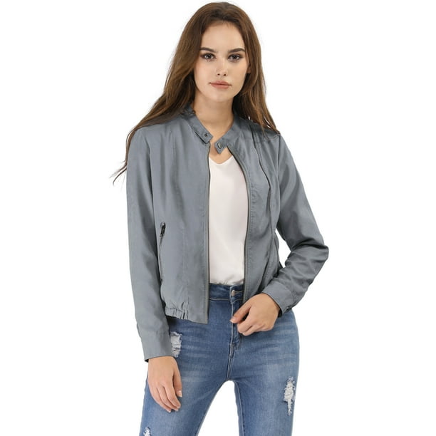 Chaqueta corta de motociclista Allegra K Piel sintética asimétrica con cremallera frontal Gris M