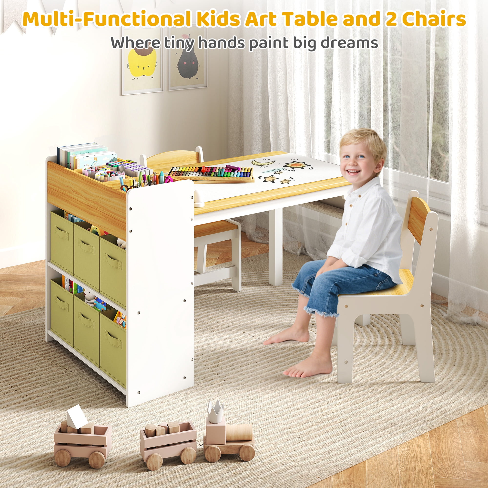 Kids Art Table and Chair Set with Storage Bins & Paper Roll, Toddler Activity Desk for Drawing Play Learning，Natural