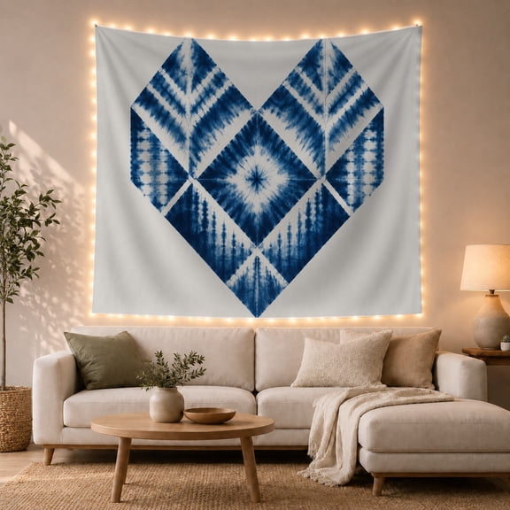 Geometric Heart with Shibori Diamonds on White Background, Dreamy Boho for Art Lovers, Japanese Inspired Textile Art, Housewarming Gift Tapestry Wall Hanging for Bedroom and Living Room